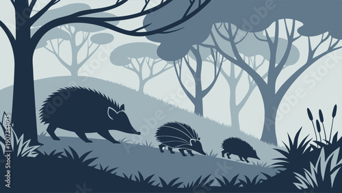 Hedgehog Family Walking Through Dark Forest Silhouette Wildlife Illustration for Nature Education or Children's Book Design