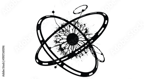 Black atom symbol with orbiting rings and particles on white background, representing science and physics concepts in a modern, abstract illustration