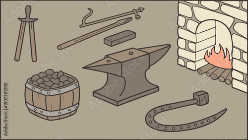 Rustic Blacksmith Forge Tools Anvil Coal Fire Setup for Metalworking Crafting Projects Illustration