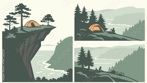 Scenic Camping Adventure on Cliff Overlook River Valley for Travel Brochures Outdoor Recreation Web Banners Summer Vacation