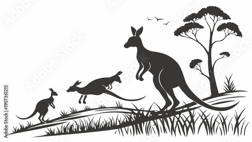 Dynamic Silhouette of Kangaroos Hopping Across Australian Outback Landscape for Nature Travel Web Design Projects