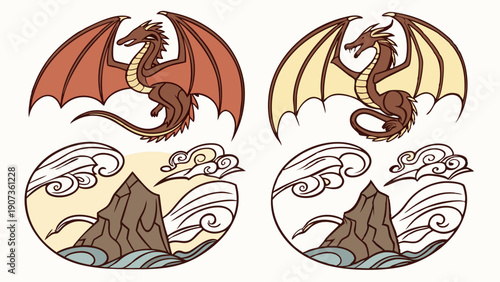 Mythical Dragon Crest Set for Fantasy Game Design Book Cover Adventure Branding Asian Ocean Island Art