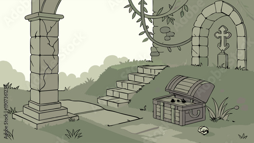 Ancient Ruins Discovery Game Asset Hidden Treasure Chest Fantasy Quest Background for Web Design Adventure Storytelling