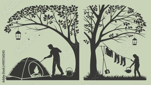 Silhouette of Camping Life Couple Setting Up Tent and Hanging Laundry Under Lush Trees for Outdoor Adventure Vacation Design