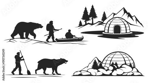 Vintage Inuit Hunting Scene Silhouettes Bear Encounter Canoe Igloo Arctic Adventure Survival Travel Design Elements