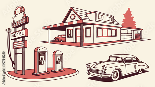 Retro American Road Trip Motel Gas Station and Vintage Car Illustration for Travel Web Design and Nostalgic Advertising Projects