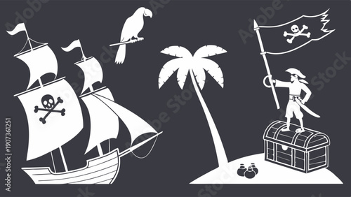Pirate Treasure Island Scene With Ship Parrot Chest And Jolly Roger Flag For Adventure Game Design