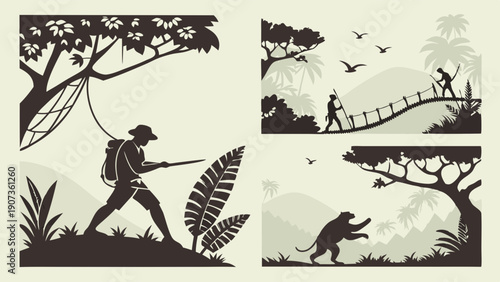 Jungle Exploration Silhouettes Adventurer Trekking Rope Bridge Wildlife Safari Travel Adventure Graphic Design Elements