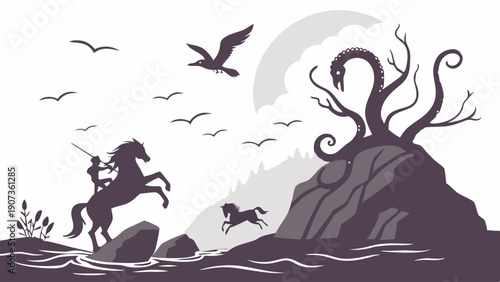 Knight on Rearing Horse Confronts Sea Serpent Monster on Rocky Shore for Epic Fantasy Adventure Game or Book Cover Illustration