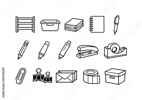 Office stationery restock shelf: storage shelf, plastic bin, paper ream, notebook, pen, pencil, highlighter, marker pen, stapler, tape dispenser, paper clip