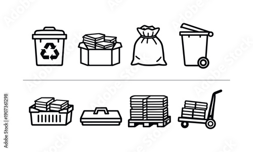 Paper recycling containers in linear style: recycling bin, collection box, paper sack, wheeled bin, storage crate, bin lid, pallet stack, trolley cart