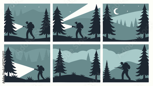 Hiker Exploring Dark Forest at Night with Flashlight Adventure Exploration Camping Survival Outdoor Travel Silhouette Scenes