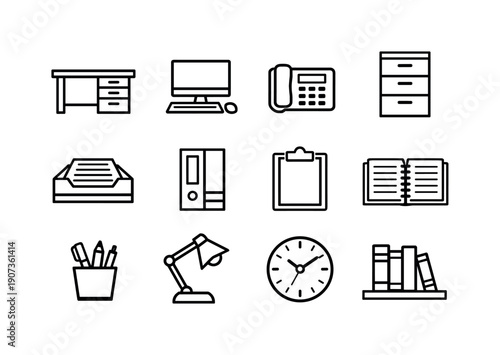 Consumer administration workspace in linear style: office desk, desktop computer, desk phone, filing cabinet, document tray, binder, clipboard, notebook, pen