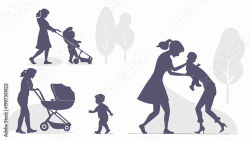 Silhouette of Mothers Pushing Strollers and Tending to Toddlers in Park for Parenting Blog Design or Childcare Web Graphics