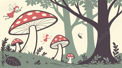 Enchanted Forest Scene With Whimsical Fairies Flying Around Giant Red And White Toadstools For Children Book Illustration