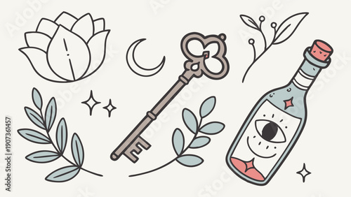 Mystical Esoteric Elements Outline Set Witchcraft Magic Key Potion Lotus for Spiritual Branding Web Design