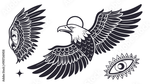Mystic Eagle Wings Tattoo Design Spiritual Symbolism Vector for Apparel Branding Esoteric Web Graphics