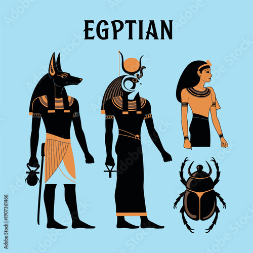 Egyptian gods and symbols in black orange and brown on light blue Anubis scarab