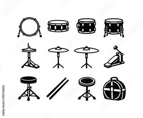 Drum kit components in linear style: bass drum, snare drum, tom drum, floor tom, hi hat, crash cymbal, ride cymbal, drum pedal, drum throne, drumstick, practice