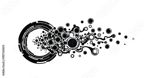 Abstract background with dynamic particles bubbles and circles in black and white modern illustration for creative design concept