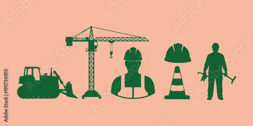 Green construction on peach background including crane bulldozer worker hard hat and cone