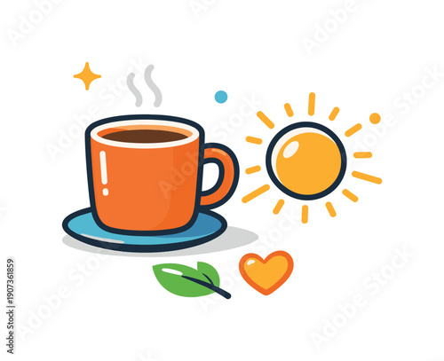 Calm daily habit of preparing a simple and comforting morning start without stress or rush, a warm mug paired with a small sun icon representing gentle
