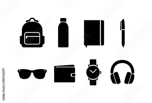 Minimalist Essentials Icons. Everyday essentials kit silhouette style: backpack, water bottle, notebook, pen, sunglasses, wallet, wristwatch, headphones