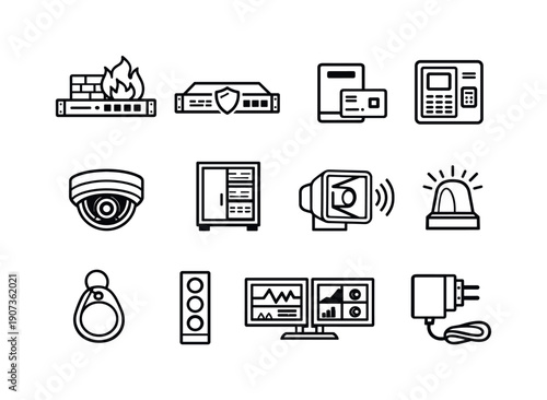 IT Security Icon Grid. IT security and monitoring equipment in linear style: firewall appliance, security gateway, access card reader, biometric scanner