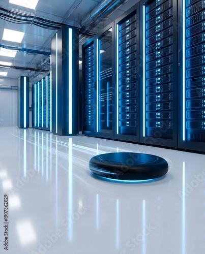 Autonomous robotic device moving through modern data center server room