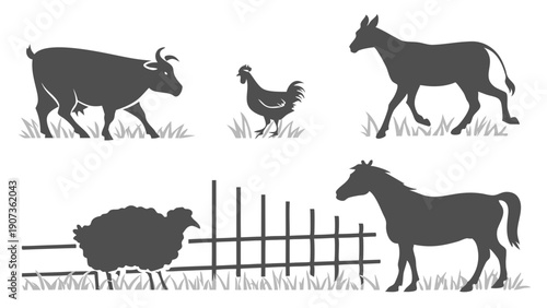 Farm Animals Silhouette Set Raising Livestock Agriculture Design Elements for Rural Educational Materials