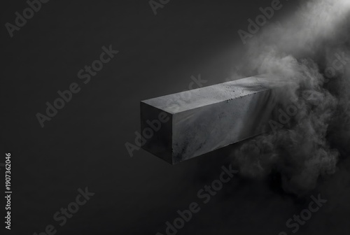 Minimalist concrete block floating in dark space with smoke effect