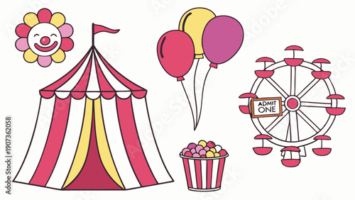 Carnival Fun Fair Icons Set Circus Tent Ferris Wheel Balloons Popcorn for Summer Event Design Projects