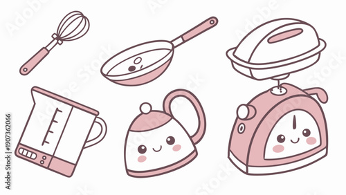 Cute Kawaii Kitchen Tools Whisk Pan Kettle Scale for Baking Recipe Blog Design Elements