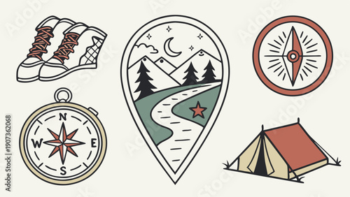 Rustic Camping Adventure Icons Set Hiking Boots Compass Tent Map Pin for Outdoor Travel Web Design and Seasonal Promotion
