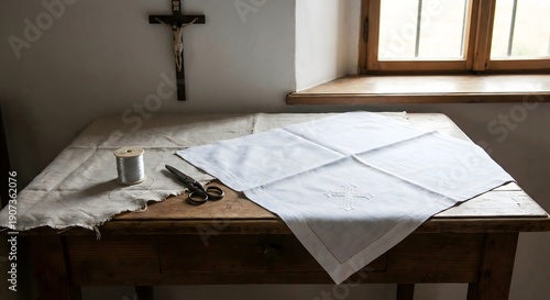 Christian cross embroidered on white tablecloth with crucifix on wall
