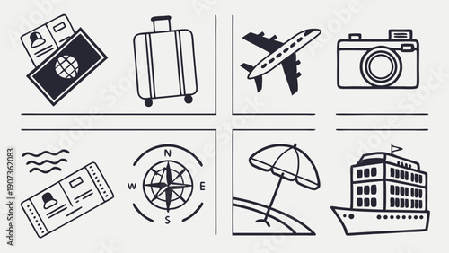 Travel Icons Set for Vacation Planning Booking Cruise Flight Adventure Tourism Web Design Summer Holiday Preparation