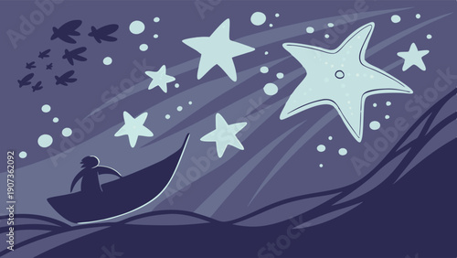 Dreamy Night Voyage Sailor in Boat Following Giant Starfish Constellation for Travel Adventure Inspiration