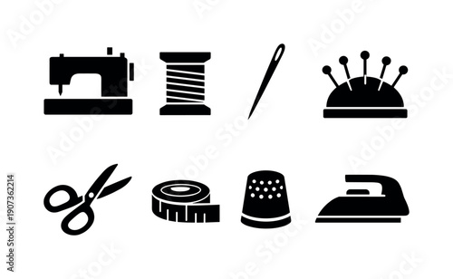 Home sewing essentials: sewing machine, spool of thread, needle, pin cushion, fabric scissors, measuring tape, thimble, iron