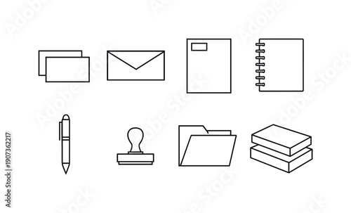 Brand identity stationery linear style: business card, envelope, letterhead paper, notebook, pen, stamp, folder, presentation box