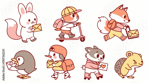 Cute Animal Delivery Service Characters Carrying Mail Letters for Happy Children's Greeting Card Design