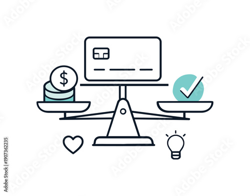 Mindful spending and financial awareness in everyday consumer decisions focused on responsibility and planning, a credit card balanced with a small scale and