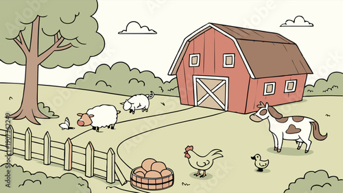 Rustic Farm Scene with Red Barn, Grazing Sheep, Horse, and Chickens for Agriculture or Country Living Website Design