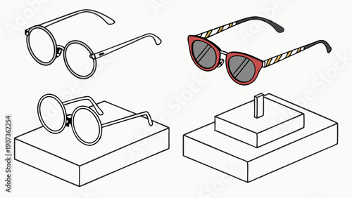 Eyewear Display Mockup for Optometry Sales Promotion Showing Round and Cat Eye Glasses on Retail Stands