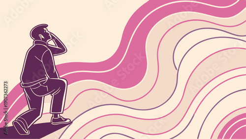 Man Climbing Uphill Towards Wavy Pink Horizon Representing Career Growth Challenge and Future Success Journey