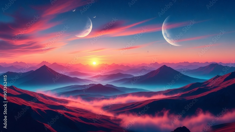 Fototapeta premium Surreal Landscape with Multiple Moons at Sunset.