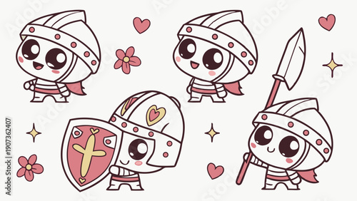 Cute Kawaii Knight Warriors Set Adorable Chibi Soldiers with Shield and Halberd for Game Design Assets