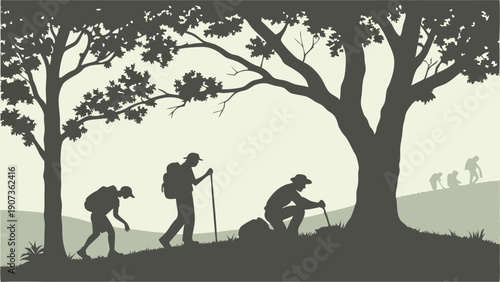 Hikers Evolving Through Stages of Trekking Journey Resting Under Forest Trees for Outdoor Adventure Travel Web Design