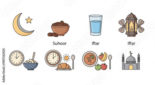 Ramadan symbols and food icons for suhoor and iftar