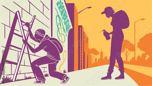 Urban Graffiti Artists Tagging Walls at Night for Street Art Projects or Vandalism Awareness Campaigns