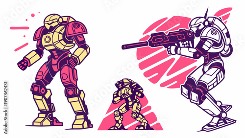 Dynamic Sci-Fi Mecha Warriors Illustration for Gaming Web Design Tech Product Packaging Action Heroes